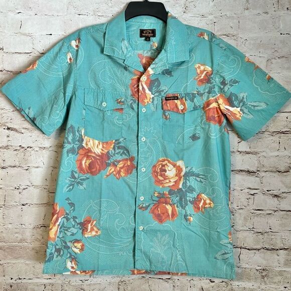 Billabong x Wrangler Blossom Short Sleeve Button Down Shirt Teal Tropical Beach - Picture 1 of 5